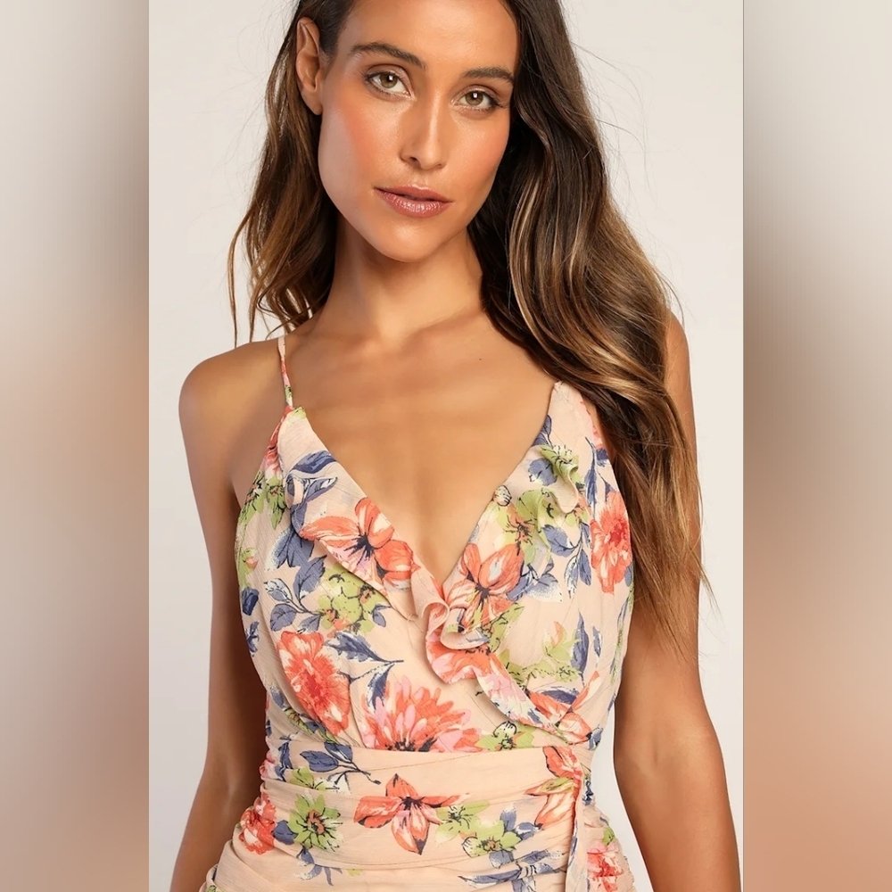 Lulus Stunning Soiree Blush Pink Floral Print Ruched Midi Dress XL Wedding Party - Picture 4 of 12